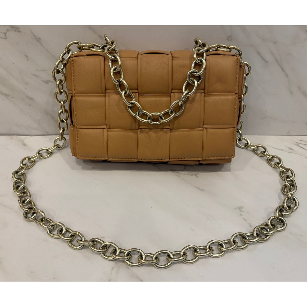 Bottega Veneta Style Cassette Chain Bag Womens Medium Tan Padded Woven Crossbody